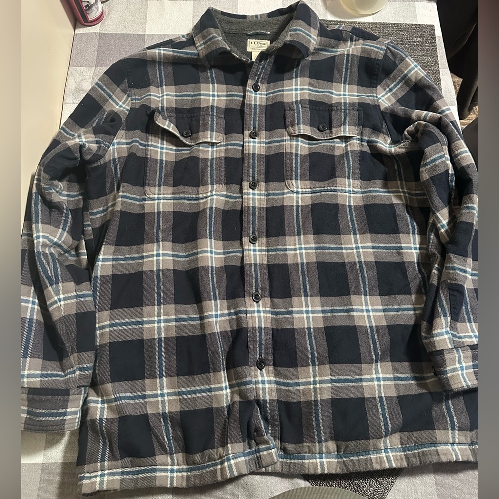 LL Bean men’s plaid shirt jacket grey blue large L